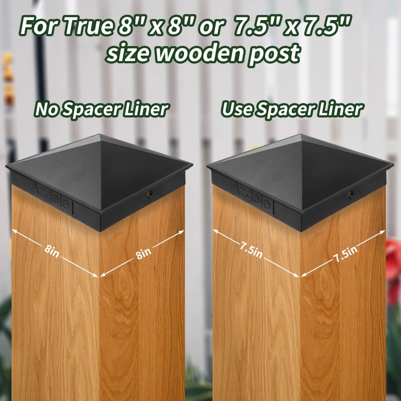 Azdele 8"" x 8"" Aluminum Pyramid Post Caps Cover for True 8"" x 8"" Wood Post or True 7.5"" x 7.5"" Wood Post(with Spacer Liner)  with Matte Finish Powder Coated Surface  for Fence of Decks(Black  4Pack) - Image 2